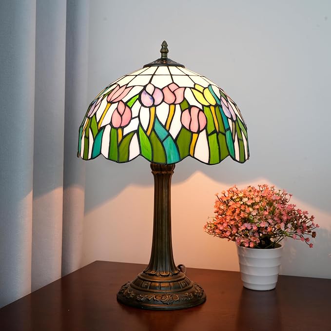 Tiffany Lamp Pink Orange Tulips Style Stained Glass Table Lamp Vintage Bedroom Bedside Light for Home Dorm Office Art Craft Antique Decor Accent Aesthetic Nightstand Reading Light 12x12x19 Inches - Bloomnest