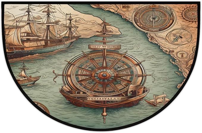 Half Round Door Mat, Compass Sailboat Non-Slip Half Circle Area Rug Nautical Compass Doormat Washable Durable Home Decor Half Moon Rug for Floor Indoor Outdoor Living Room Bedroom Kitchen Patio - Bloomnest