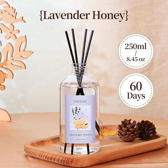 Lavender Honey Diffuser with 20 Black Fiber Sticks, 200ml (6.7 oz) Diffusers for Home Essentials Bathroom,Last up to 60 Days - Bloomnest
