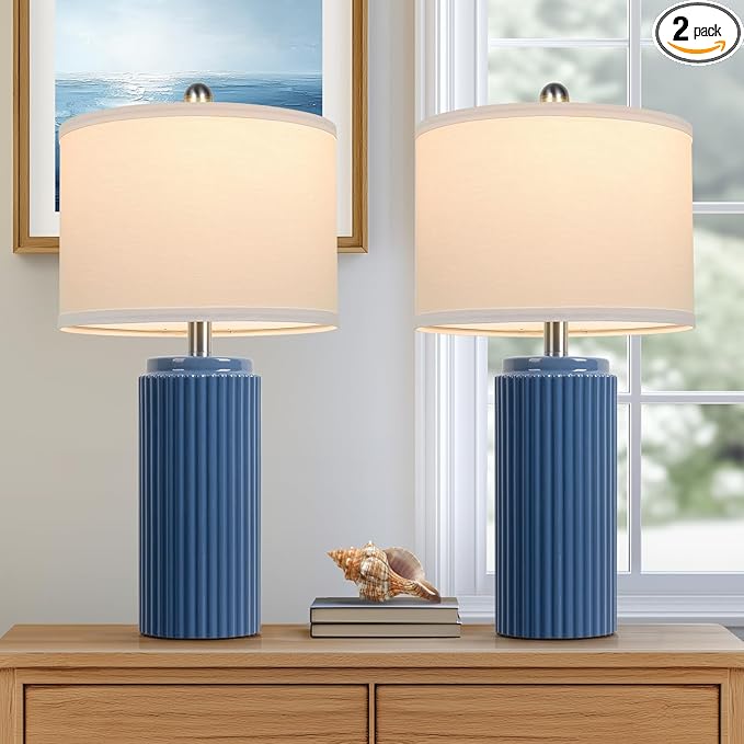 TOBUSA 23.5’’ Blue Table Lamps for Bedroom Set of 2, Modern Farmhouse Ceramic Bedside Nightstand Lamps for Living Room, Decorative Boho Ceramic Lamps Set for Home Office End Table Console, White Shade - Bloomnest