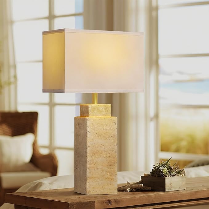 27.6" Vintage Table lamp, Farmhouse Bedside Table Lamps for Bedroom, Living Room, Dining Office, Huangdong Stone Color Lamp Base with White Linen - Bloomnest
