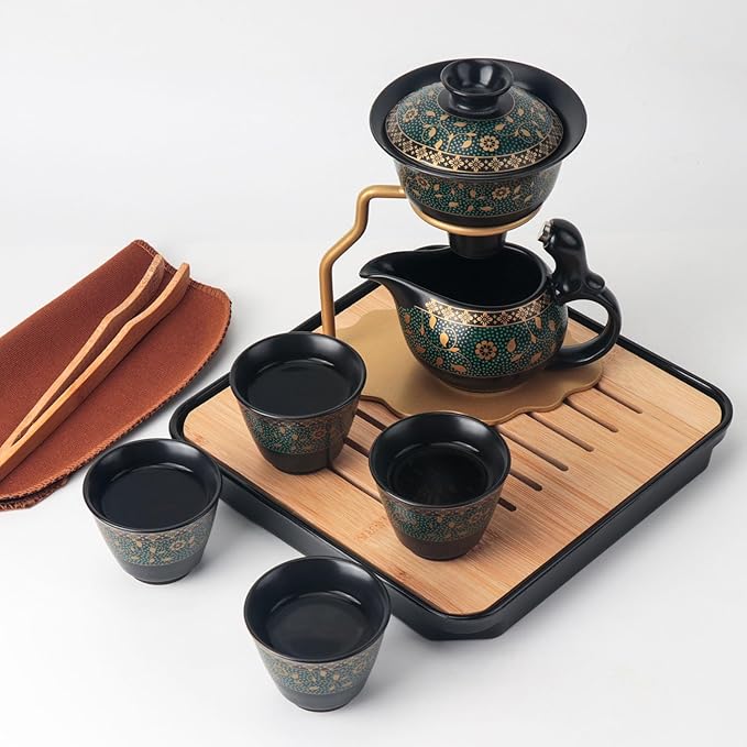 Bsigo Lazy Kungfu Ceramic Tea Set Semi Automatic Drip Rotating with Infuser Ceramic Teapot Set (4 cups), Magnetic Water Diversion Semi-Automatic Teapot Set Chinese Gongfu Porcelain Tea Pot Set - Bloomnest