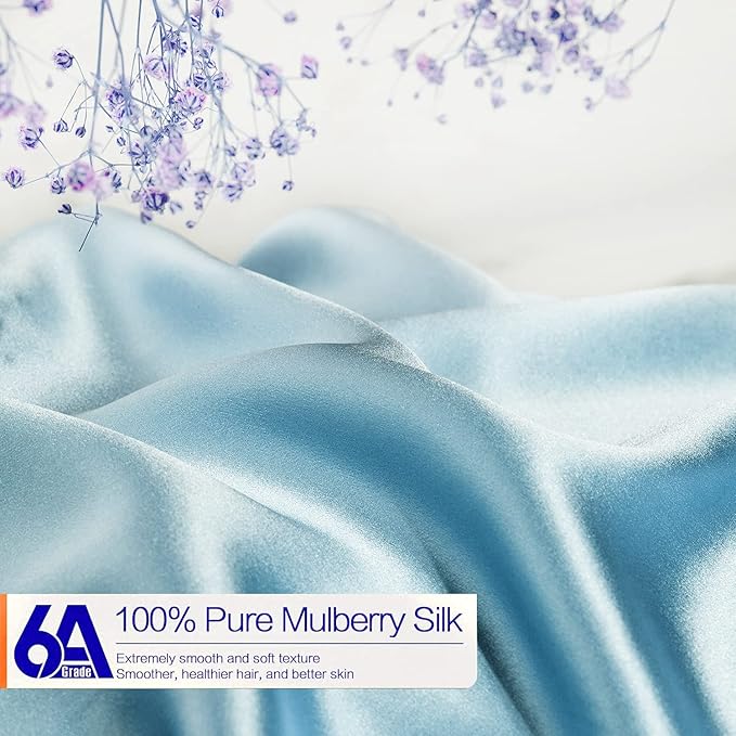 100% Mulberry Silk Pillowcase for Hair and Skin, 22 Momme Pure Natural Silk Pillow Case Both Sided with Zipper, Pillow Cover for Women Mom Men (Airy Blue, King 20''×40'', 1 Pack) - Bloomnest