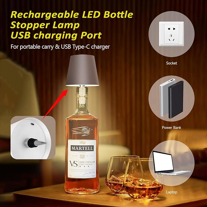 2025 New Wireless Bottle Lamp - LED Bottle Lights for Liquor & Wine Bottles, Cordless Lampshade, Whiskey Bottle Top Light, Bottle Stopper Night Light Kit, Rechargeable 3-Tone Touch-Dimmable - Bloomnest