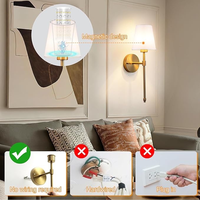 Battery Operated Wall Sconces Set Of 2, Wireless Battery Wall Light With 10000mAh RGB Rechargeable Magnetic Bulb, Rechargeable Wall Sconce With Remote Control For Bedroom, No Electrician Required - Bloomnest