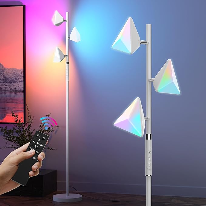 PARTPHONER RGB Tree Floor Lamp for Living Room, Stepless Dimmable Tall Standing Lamp with Remote, Touch Control and 3 Rotatable Light, Bright LED Lights for Bedroom with 4 Color-Changing, White - Bloomnest