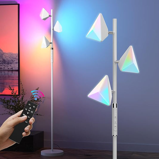 PARTPHONER RGB Tree Floor Lamp for Living Room, Stepless Dimmable Tall Standing Lamp with Remote, Touch Control and 3 Rotatable Light, Bright LED Lights for Bedroom with 4 Color-Changing, White - Bloomnest