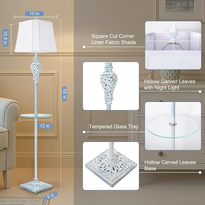 Vintage Floor Lamp with Night Light and Glass Tray, 65" High Retro Standing Lamp with Washed Blue Finish and White Linen Shade, Farmhouse Tall Lamp Decor for Living Room Bedroom House (Bulb Included) - Bloomnest