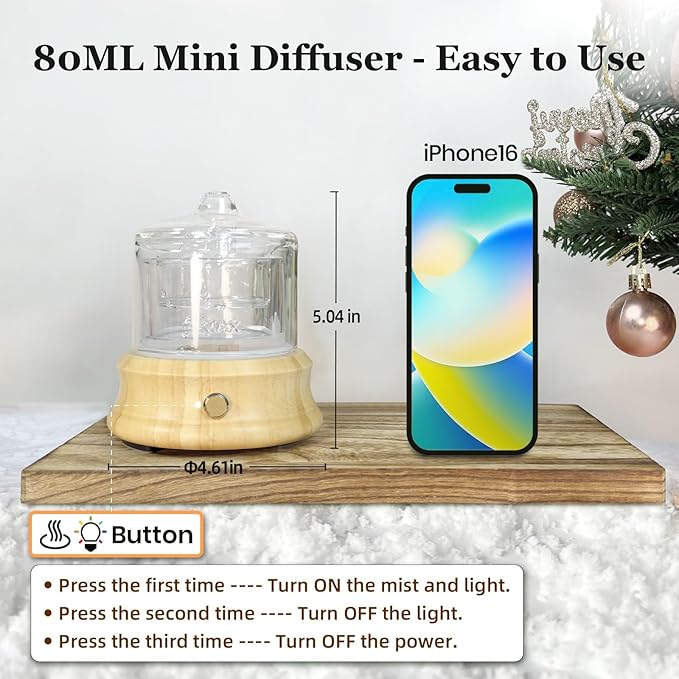 80ML Glass Essential Oil Diffuser with Glass Reservoir & Wood Base, Small Ultrasonic Aroma Diffusers with Auto-Off 7 Color for Home Office Bedroom Yoga