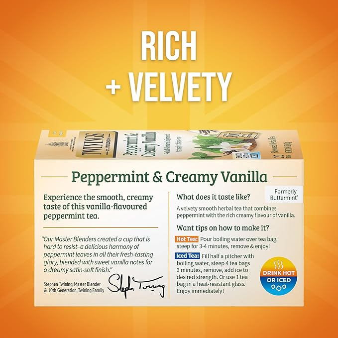 Twinings Peppermint & Creamy Vanilla Herbal Tea Individually Wrapped Bags, 20 Count (Pack of 6), Formerly Buttermint, Naturally Caffeine-Free, Enjoy Hot or Iced, 120 Teabags - Bloomnest