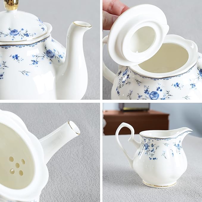 fanquare 15 Piece Blue Rose Porcelain Tea Set, British Floral Teapot with Tea Cups, Women Tea Party Set for 6 - Bloomnest