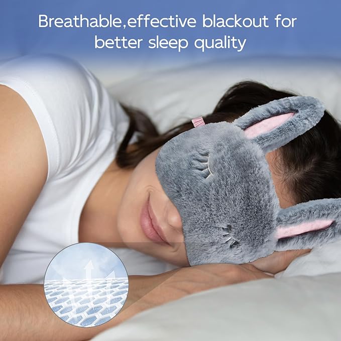 Cute Animal Sleeping Mask Sleep Mask, Soft Plush Rabbit Eye Mask for Travel Nap Sleeping Blindfold Eye Cover Eyeshade for Adult Kids Girls Teens Men Women - Rabbit, Gray - Bloomnest