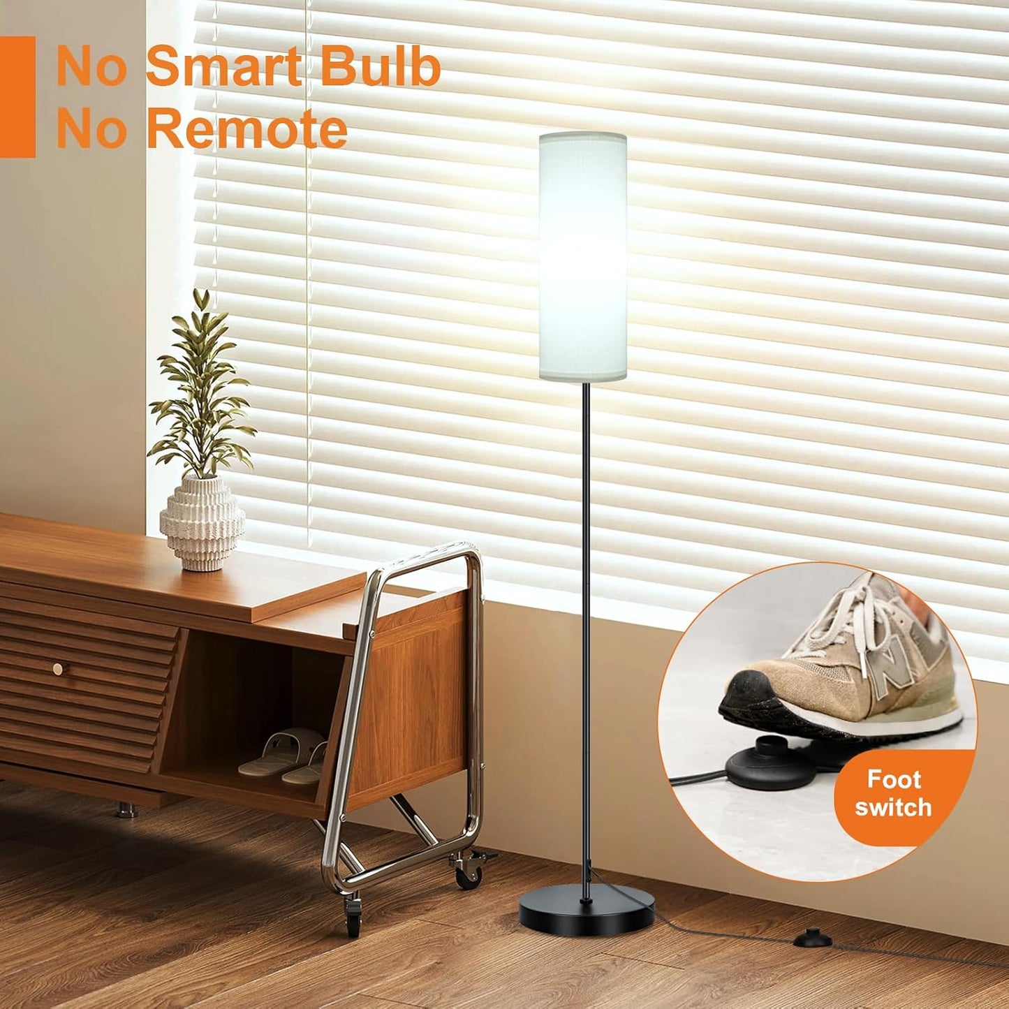 FRIDEKO HOME Floor Lamp with White Shade, Simple Design with Foot Pedal Switch, Small Tall Lamps for Living Room Bedroom Office, Corner Floor Stand Light with Black Pole Lamp (No Bulb/No Remote)