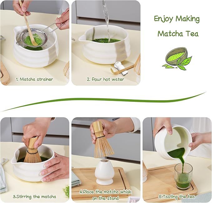 7 Pcs Matcha Whisk Set Macha Kit with Chawan Spout Bowl Bamboo Brush Chasen Holder Powder Starter Sifter Ceramic Japanese Making Matcha Tea Tool with Spoon and Tea Towel for Ceremony Gift (White) - Bloomnest