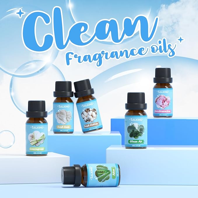 SALKING Clean Fragrance Oils Set, Premium Essential Oil for Diffuser, Scented Oil Gift Set for Soap Candle Making - Lemongrass, Fresh Cotton, Fresh Linen, Cherry Blossom Soap, Clean Air, Aloe - Bloomnest