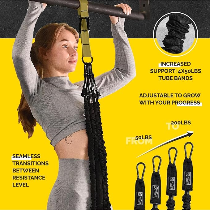 Pull Up Assistance Bands Set - 4 Heavy-Duty Pull Up Bands, Height Adjustable Strap & Comfortable Foot Strap - Stackable Pull Up Resistance Bands for Pull Ups - Bloomnest