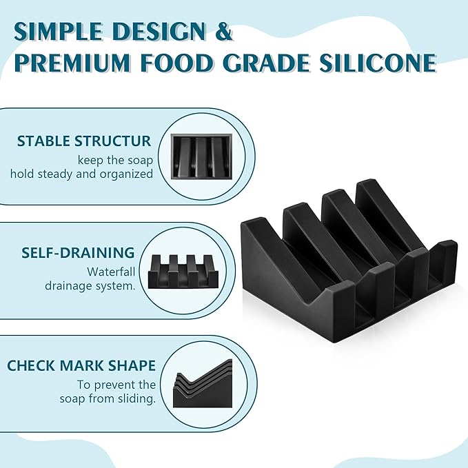 Self Draining Soap Dish Holder,Silicone Soap Dish,for Bathroom,Kitchen, Sponges，Can Extend Soap Life，Keep Soap Bars Dry and Easy Cleaning (Black,2-Pack) - Bloomnest