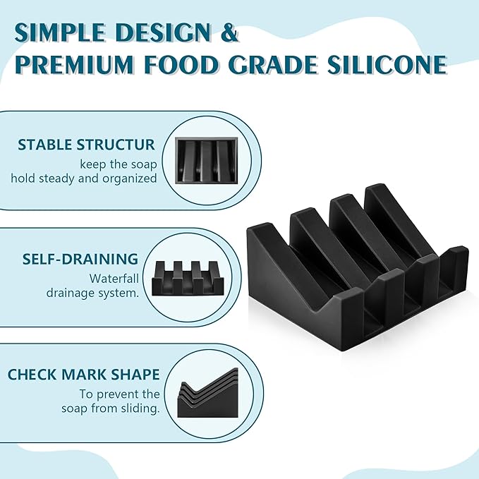 Self Draining Soap Dish Holder,Silicone Soap Dish,for Bathroom,Kitchen, Sponges，Can Extend Soap Life，Keep Soap Bars Dry and Easy Cleaning (Black,1-Pack) - Bloomnest