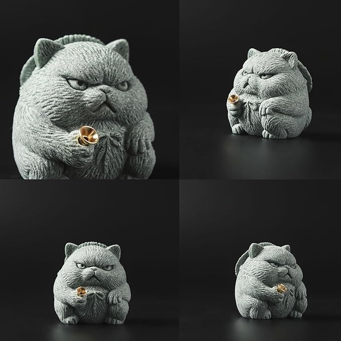 Exquisite Sandstone Warrior Cat Incense Holder (2.16”*2.36”) with Free Fishing Rod and Fish, Plus Bamboo Mat Cushion (7.28”*3.34”) (Sandstone Cat) - Bloomnest