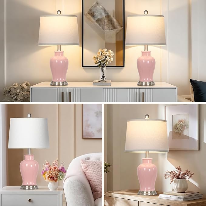 23" Pink Ceramic Table Lamps for Living Room, Modern Ceramic Lamps with Ginger Jar Design, Cute Bedside Lamp Set of 2, Elegant Bedroom Lamp for Nightstand Dining Room Side End Table Homedecor - Bloomnest
