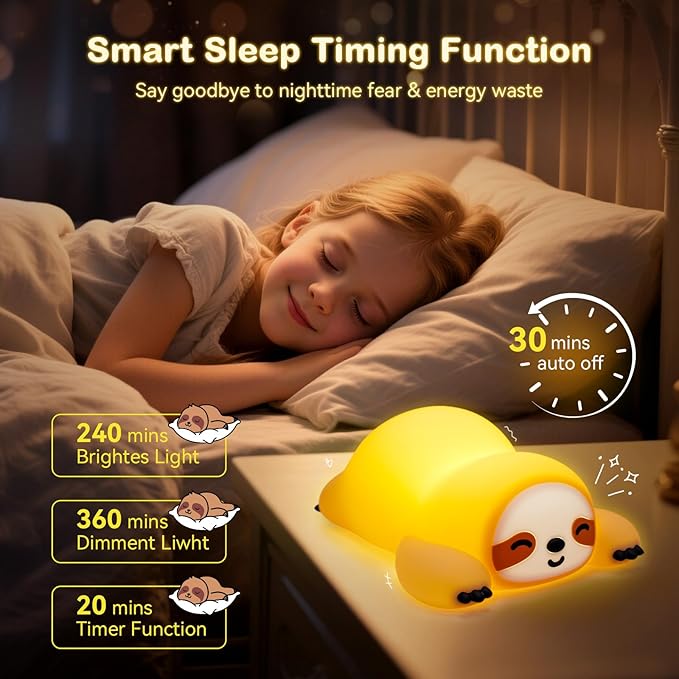 Cute Sloth Night Light for Kids, 3-Level Dimmable Nursery Nightlight, Silicone Squishy Light Up Sloth Gifts, Rechargeable Bedside Touch Lamp for Breastfeeding Toddler Baby Kids Decor - Bloomnest