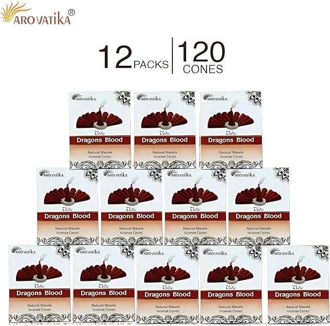 ARO VATIKA Vedic Dragons Blood Natural Masala 120 Incense Cones in Pack of 12 Boxes |12 Assorted Fragrances Dhoop Cones | Best for Prayer, Reiki, Meditation and Relaxation | Burn time- 25 Mins AROVATIKA