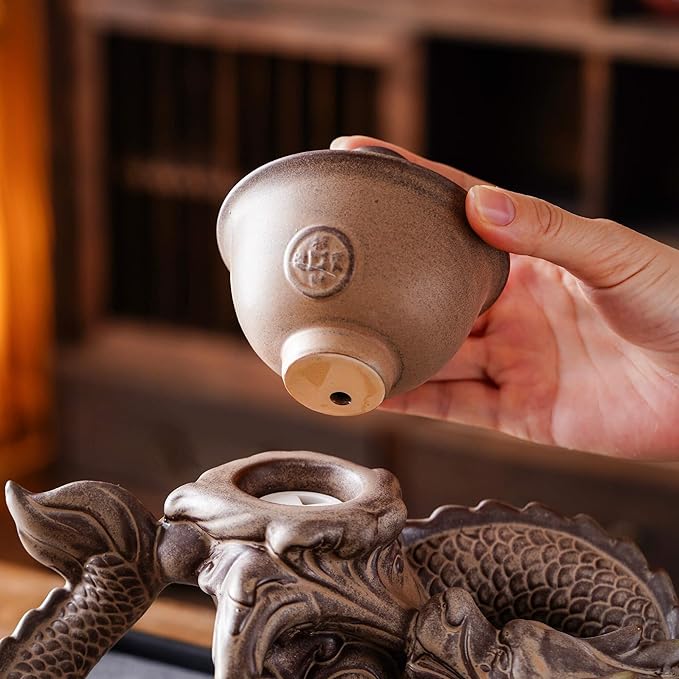Semi Automatic Tea Set Ceramic Teapot with Infuser Magic Teapot with 8 cups (Retro Dragon-D) - Bloomnest