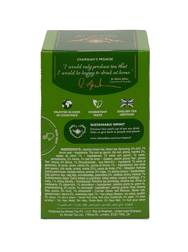 Ahmad Tea Green Tea, Green Tea Selection, Lemon Green Tea, Jasmine Green Tea, Mint Green Tea, & Green Tea Teabags, 20 ct (Pack of 1) - Caffeinated & Sugar-Free - Bloomnest