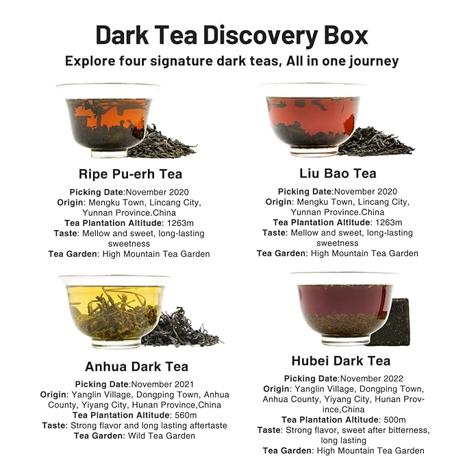 iTeaworld Chinese Dark Tea Sampler, Includes Aged Pu'erh, Liu Bao, Anhua, Hubei, 20 Packs with 20 Biodegradable Tea Bags,Perfect for Daily Relaxation, 3.5oz - Bloomnest