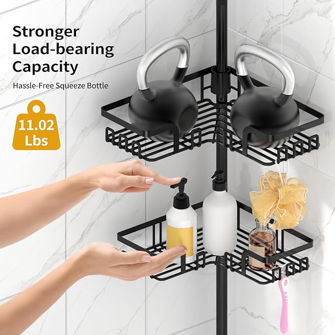 KEGII Adjustable Shower Caddy Corner Tension Pole, Rustproof Shower Rod Organizer with Hooks, Floor to Ceiling Tension Rod 25-114.2 Inch, Bathtub Storage Organizer for Shampoo, 4-Tier Black - Bloomnest