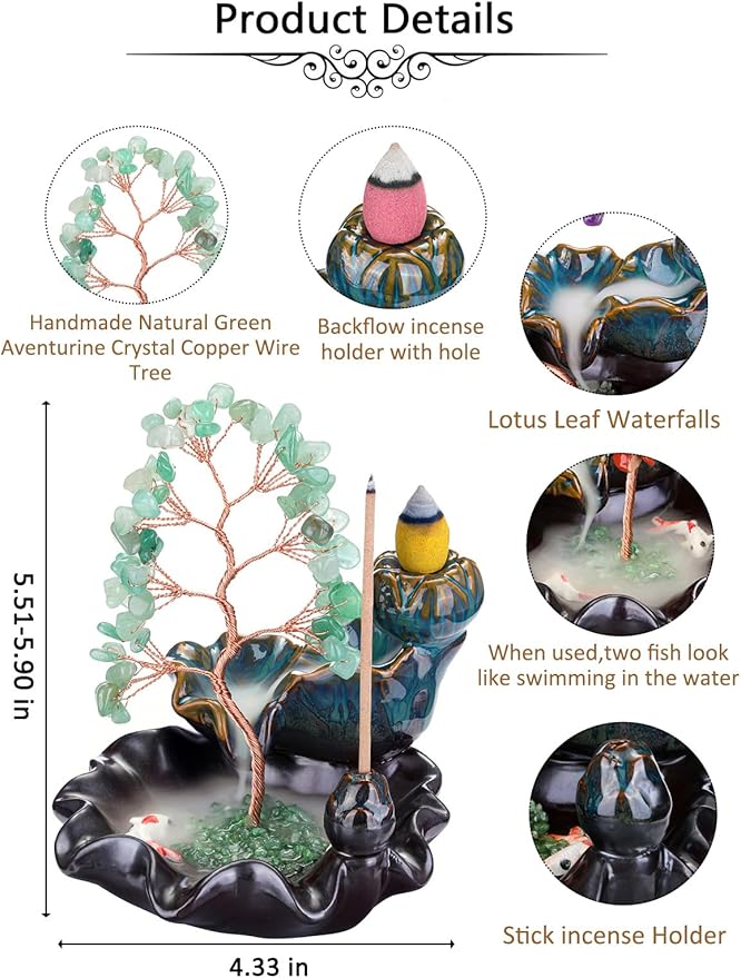 Jovivi Backflow Incense Burner Ceramic Incense Waterfall, Natural Green Aventurine Healing Crystal Money Tree Incense Holder for Wealth, Good Luck, Yoga Meditation, Home Decor - Bloomnest