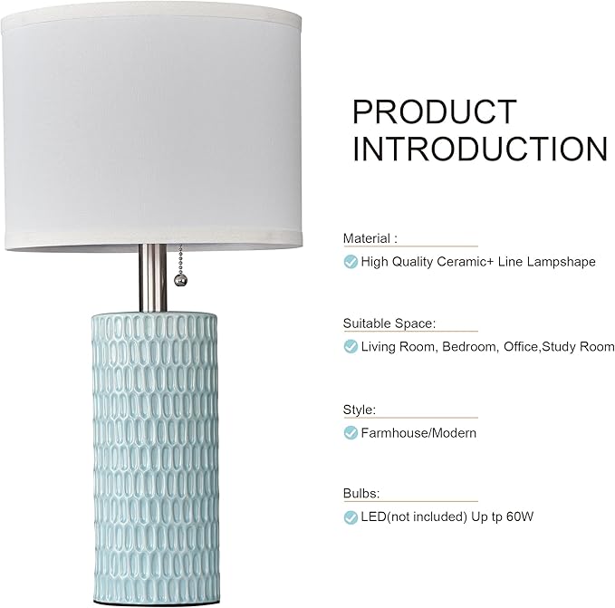 Table Lamps for Living Room Set of 2, Ceramic Table Lamps for Bedroom, 20" Modern Lamps for Night Stands, Blue - Bloomnest