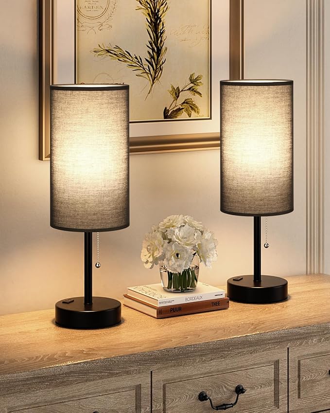 Fenmzee Large Black Bedside Lamps Set of 2-3 Color Temperatures Pull Chain Lamp with AC Outlet Charging Port, Two Round Night Stand Lamps for Bedroom Guest Room Office, Bed Side Light - Bloomnest
