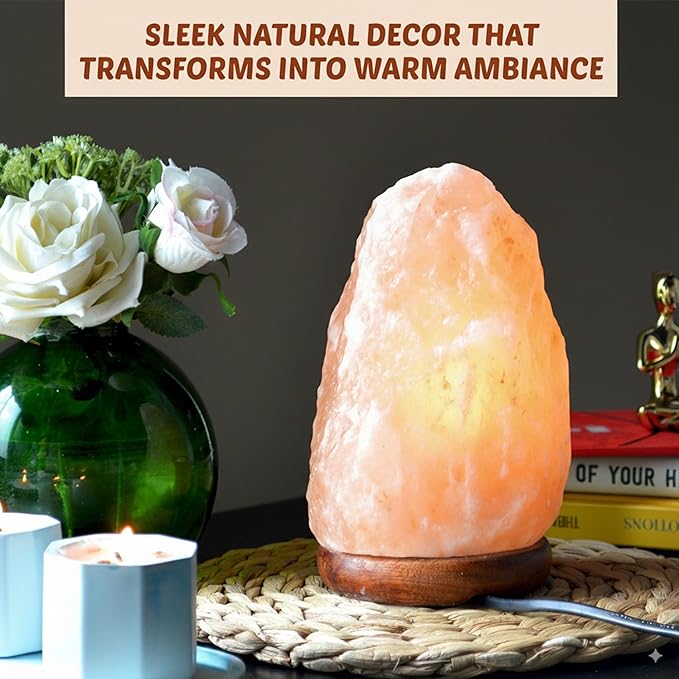 POHS 7 Inches,4-5 lbs, 100% Authentic Natural Himalayan Pink Salt Lamp, Hand Crafted Wooden Base, with on & Off Switch