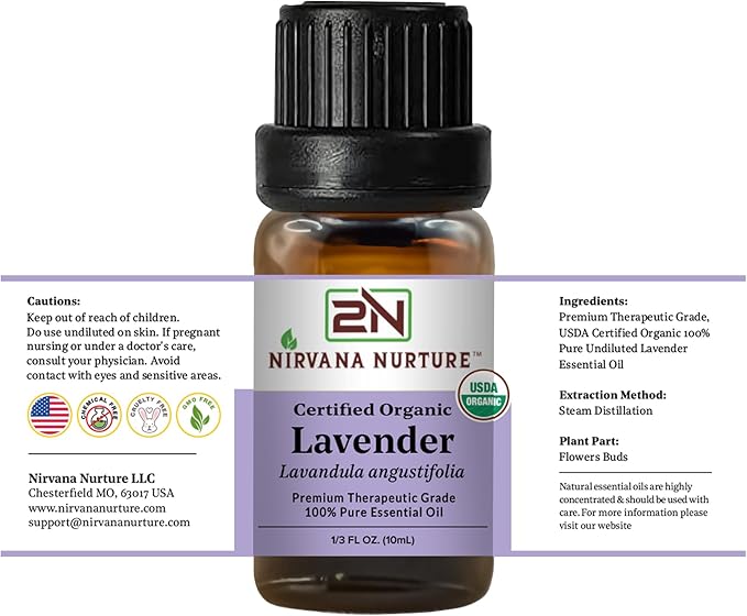 Lavender Essential Oil USDA Certified Organic, 100% Pure Natural Premium Grade, Undiluted- Aromatherapy Diffuser for Calm and Relaxation, Skin Care, Hair Care NirvanaNurture
