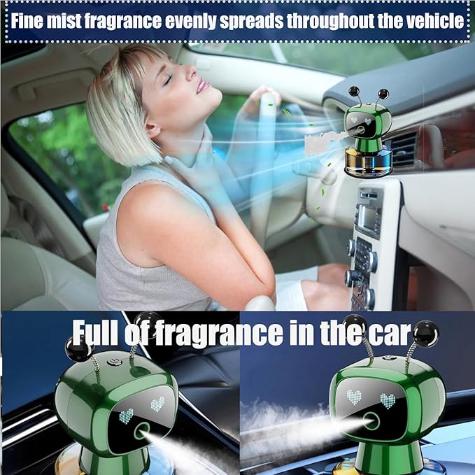 Robot Intelligent Aromatherapy Machine, Smart Cute Robot Car Air Freshener - Fine Spray/Fillable/Four-Gear Adjustment/Vibration Sensing/On-Off/Large Capacity Long-Lasting Fragrance/Green-V2(Gardenia) - Bloomnest