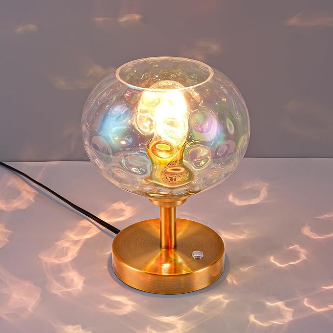 Touch Control Hammered Glass Table Lamp Brass Gold Portable Dimmable Brightness Small Nightstand Light 3-Way Stepless Dimming Bedside Bedroom Living Room (Stained Glass & Gold) - Bloomnest