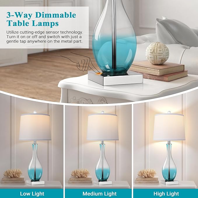WIHTU Table Lamps Set of 2 with Touch Control, 27" Bedside Desk Lamps for Nightstand Decorations, 3-Way Dimmable Modern Glass Table lamp with USB C and A Charging Ports, Blue (LED Bulbs Included) - Bloomnest