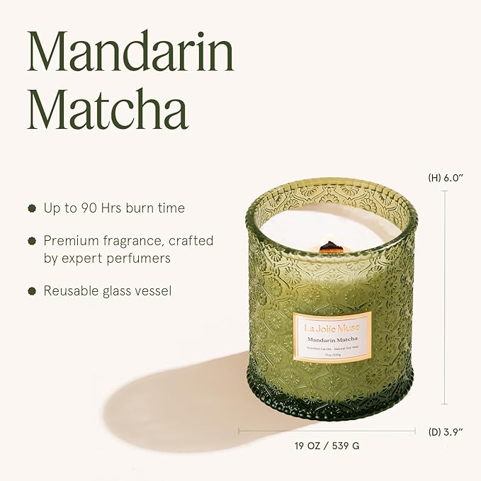 LA JOLIE MUSE Mandarin Matcha Candle - Bergamot, Matcha, Cedarwood | 19 oz Large Wooden Wick Candles | Natural Soy Wax | 90 Hours Clean Burn | Fresh Citrus Candle | Gift-Ready for Hosts - Bloomnest