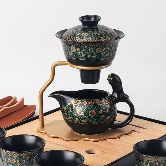 Bsigo Lazy Kungfu Ceramic Tea Set Semi Automatic Drip Rotating with Infuser Ceramic Teapot Set (4 cups), Magnetic Water Diversion Semi-Automatic Teapot Set Chinese Gongfu Porcelain Tea Pot Set - Bloomnest