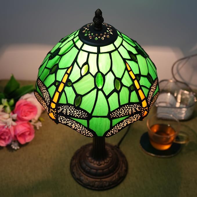 Tiffany Lamp Green Dragonfly Stained Glass Table Lamp 8X8X14 Inches Green Dragonfly Style Desk Reading Light Decor Beside Bedroom Living Room Home (H1057-Green Dragonfly) - Bloomnest