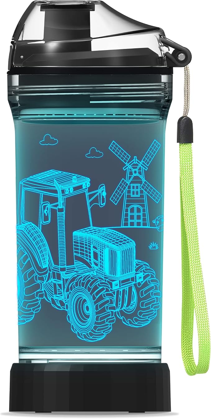 Kids Tractor Water Bottle with 3D LED Light, Glow in The Dark Gifts Ideal Travel Cup for School Boy Girl Child, Birthday Holiday Camping Picnic with Tritan BPA Free (Tractor 14 Oz) - Bloomnest