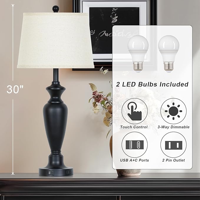 30" Tall Table Lamps Set of 2, Touch Control Bedside Lamp with USB A+C Ports and AC Outlet, 3-Way Dimmable Modern Metal Nightstand Lamp for Bedroom Living Room, 2 LED Bulbs Included, Black - Bloomnest