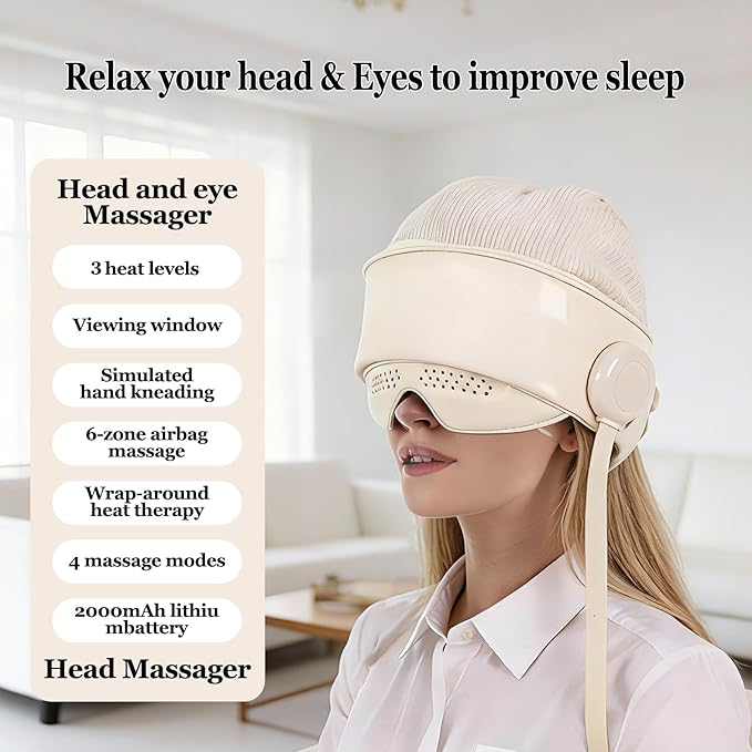 Head Massager with Heat,Head Massager for Headaches,Electric Rechargeable Head and Eye Massage Tool,6 Airbag Massage Zones,3 Heat Levels,4 Massage Modes Bloomnest