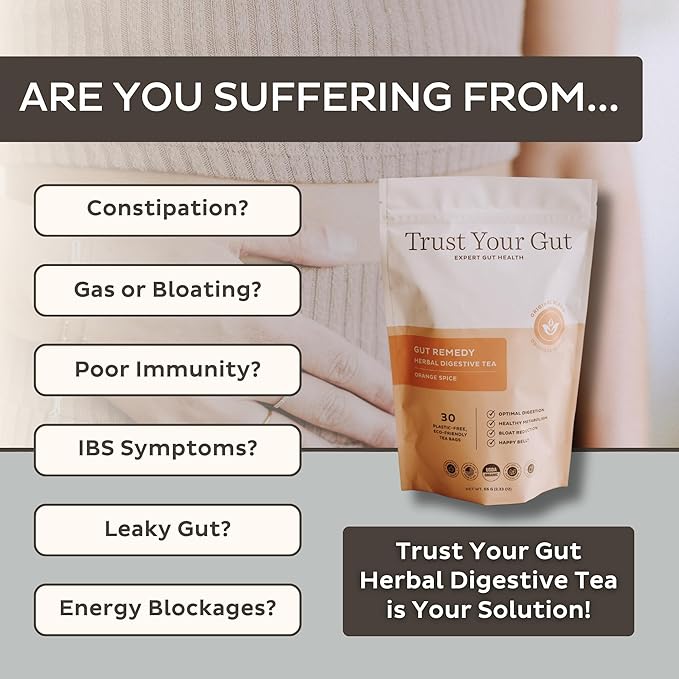 Trust Your Gut Organic Herbal Tea Blend – Lemon Balm, Holy Basil, Dandelion & Ginger Root – Supports Healthy Digestion & Gut Balance – Orange Spice, 30 Bags - Bloomnest