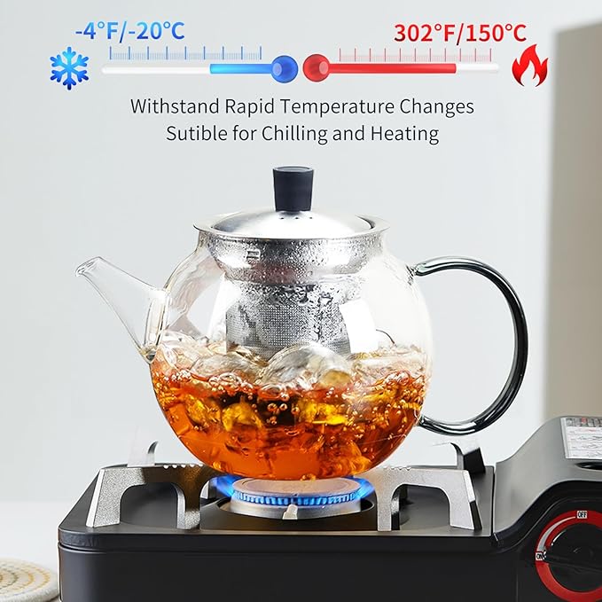 28OZ Glass Teapot with Infuser Stovetop Safe, 800ml Borosilicate Glass Kettle Tea Pot with Infusers tea infuser pot for loose leaf tea, tea Maker brewer, Dishwasher Safe, tetera para te (Clear)
