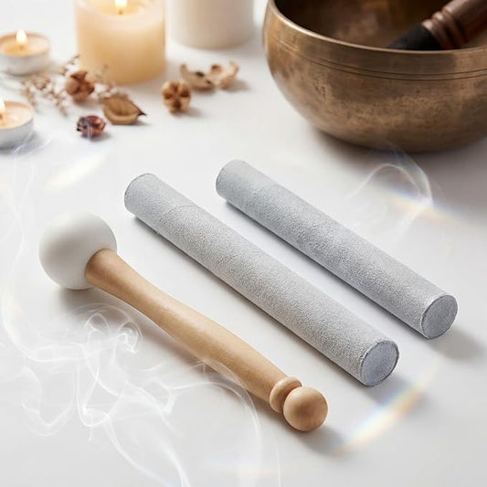 Nuanchu 3 Pieces Crystal Singing Bowl Mallet Set, Include Thick Suede Striker Solid and Hollow Sound Bowl Stick, Crystal Singing Bowl Rubber Mallet with Wood Handle for Playing Bowl(Silver) - Bloomnest
