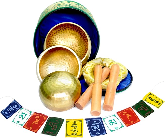 Tibetan Singing Bowl Set of 3 Authentic 7 Metals Meditation Sound Bowl for Yoga, Relaxation, Chakra Bowl, Handmade, Comes with Prayer flag, 3 Wooden Mallet, Silk Cushions, Brocade Box Khusi+Inc
