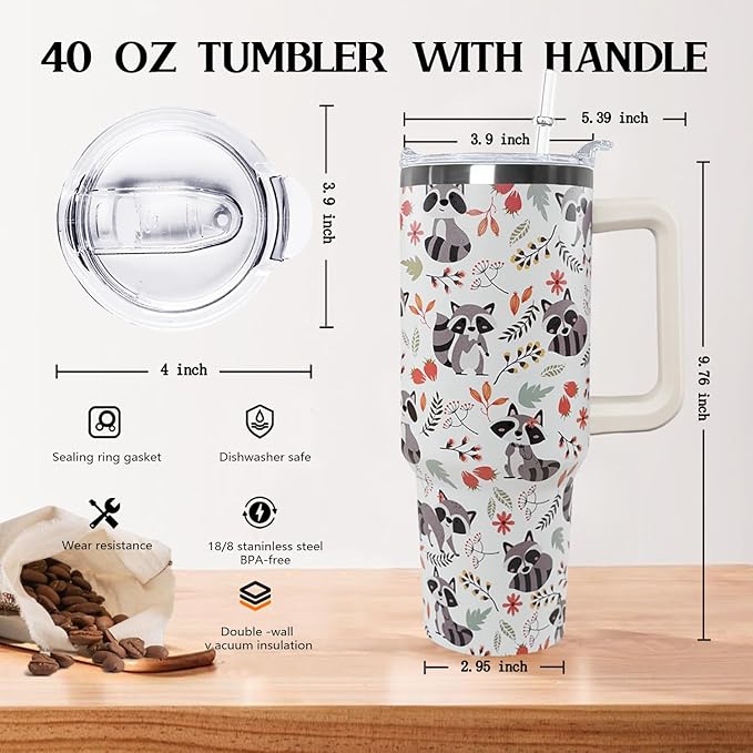 Ceovfoi 40 Oz Racoon Tumbler With Handle, Coffee Travel Mug Cup Water Bottle, Racoon Decor, Gifts for Women - Bloomnest