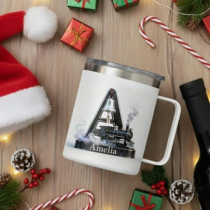 Personalized Polar Express Mug with Believe Bell & Custom Name - 14oz Insulated Hot Chocolate Tumbler with Lid - Magical Christmas Train Gift for Kids, Family (B69) - Bloomnest